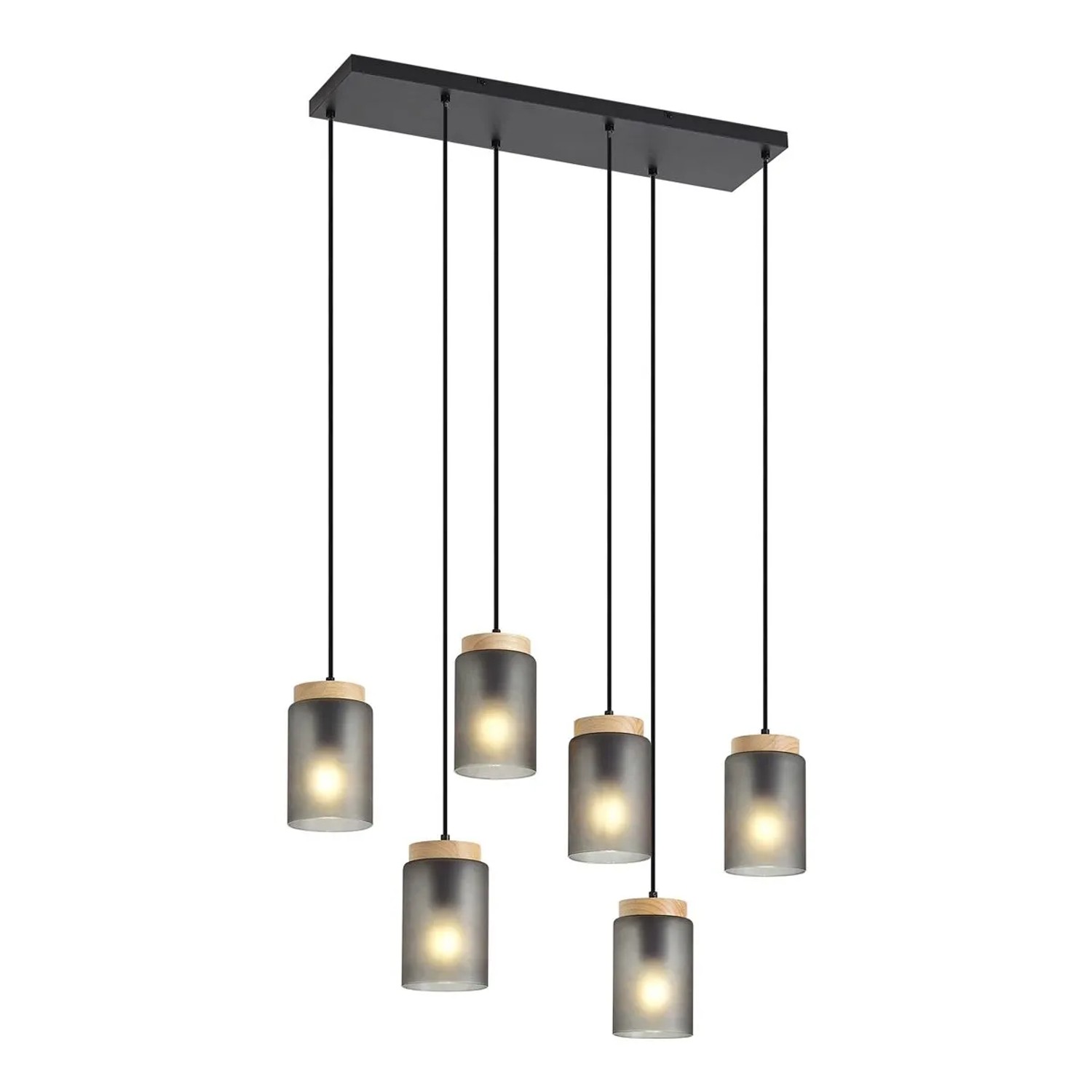 QAZQA Moderne Hängelampe Schwarz mit Holz und MattGrauem Glas 6 Flammig Umbra
