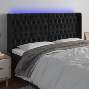 Schwarzes vidaXL LED Kopfteil aus Samt, 203x128cm, mit Knopfheftung und blauer Beleuchtung.