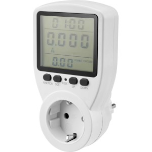 Weißes Energiekostenmessgerät mit Display zur Verbrauchskontrolle.