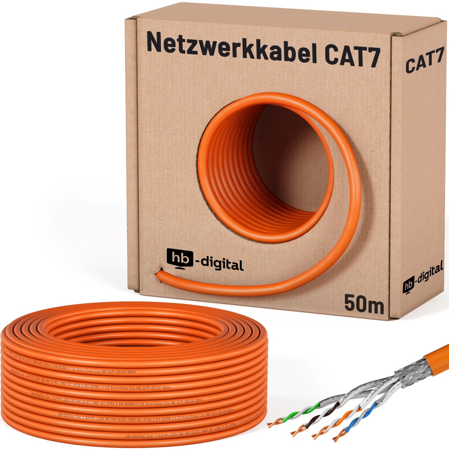 hb-digital CAT 7 Kabel Netzwerkkabel max. 1000 MHz S/FTP AWG23 LSZH 50m orange