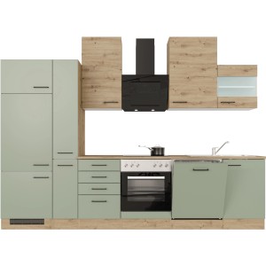 Flex-Well Küchenzeile Cara in Schilfgrün/Artisan Eiche mit E-Geräten und Spüle.