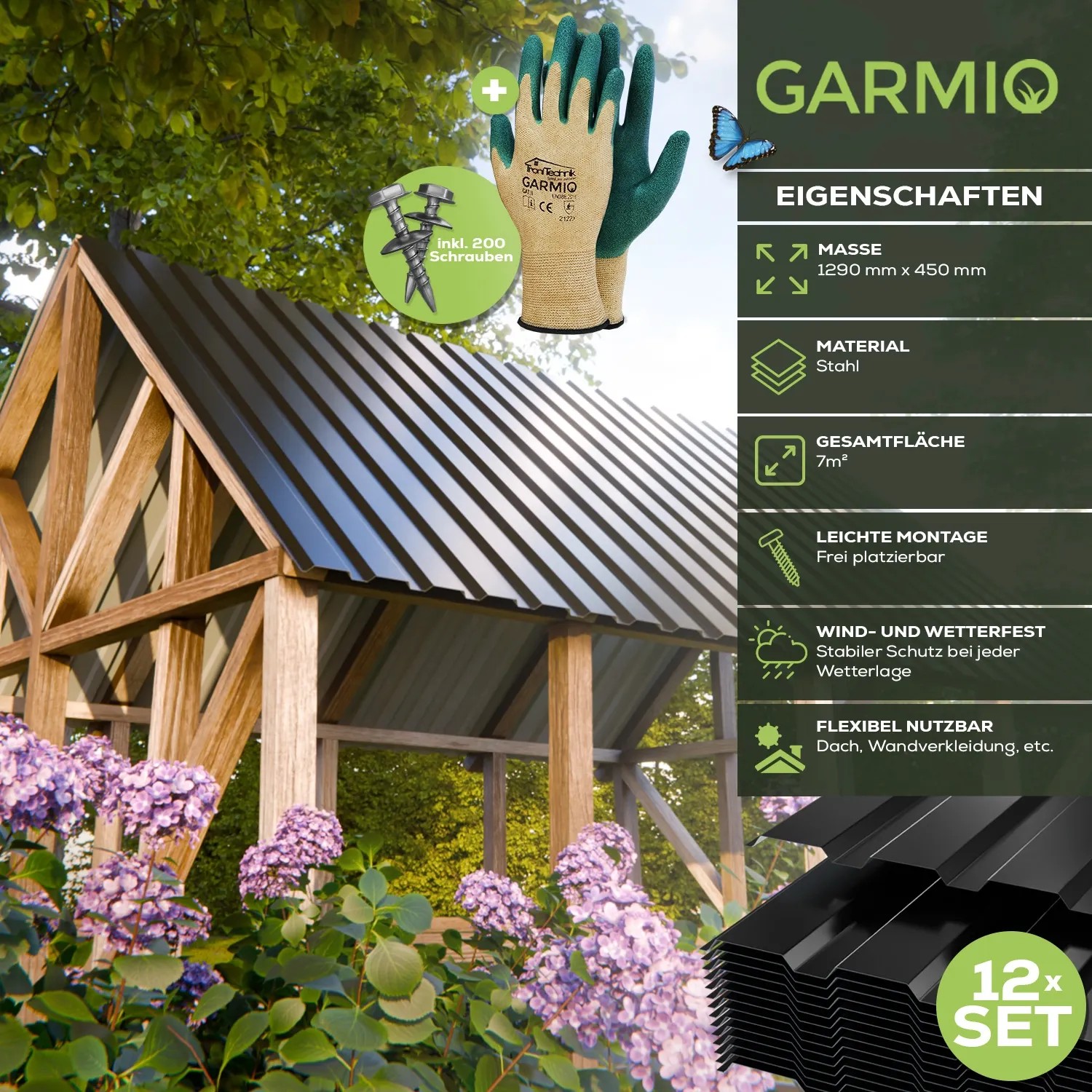 Garmio Profilblech Set, 12 verzinkte, schwarze Dachbleche (129x45) auf einem Holzunterstand.