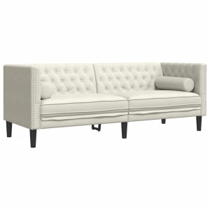 Cremefarbenes 3-Sitzer Chesterfield Sofa mit Knopfheftung und Nackenrollen.