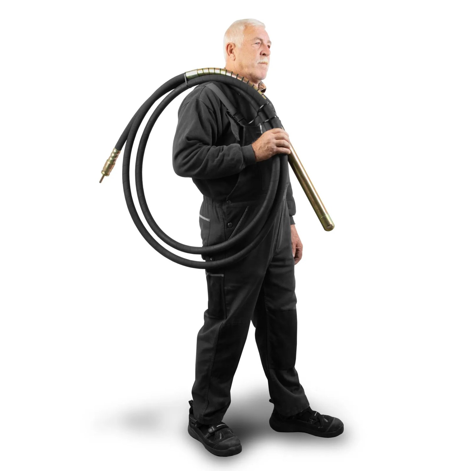 Mann mit EBERTH Betonrüttler 1500W (Rüttelflasche 45mm, 6m) über der Schulter.