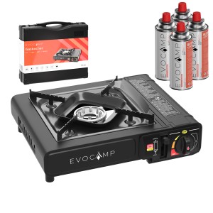 Evocamp Camping Gaskocher, 1-flammig, mit 4 Kartuschen, im Transportkoffer.