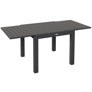 Ausziehbarer grauer Aluminium Gartentisch mit Lattenrost-Tischplatte. Ideal für Balkon & Terrasse.