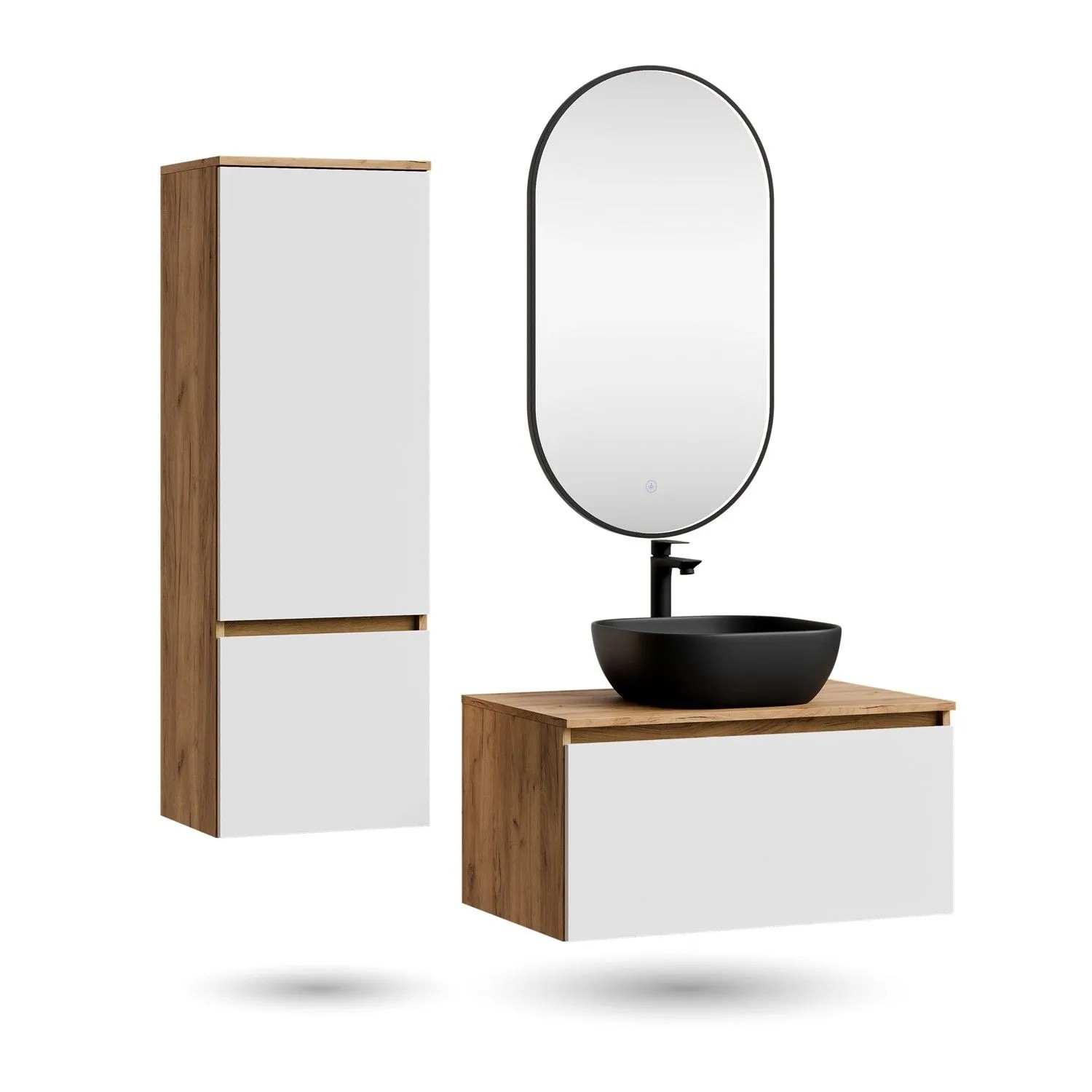Planetmöbel ARISA Badmöbel Set 80 cm Weiß mit Hochschrank Glora LED Spiegel Dimmbar und Keramik Aufsatzwaschbecken 42 cm Schwarz