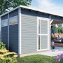 Graues Bertilo Gartenhaus Pentus 2 Lounge mit Anbau und überdachter Terrasse im Garten.