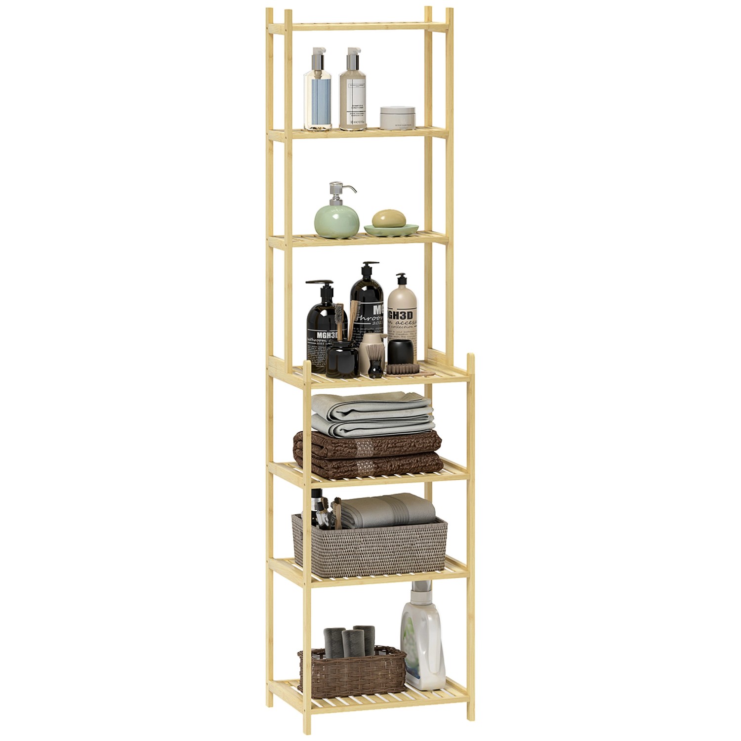 HOMCOM Badezimmerregal mit 7 Ebenen Bambus Naturholz 44L x 33B x 180H cm