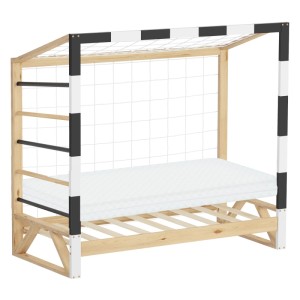 Kinderbett Fußballtor aus Kiefernholz mit schwarz-weiß gestreiften Pfosten, Kletterstangen, Netz und Matratze, 70x140 cm.