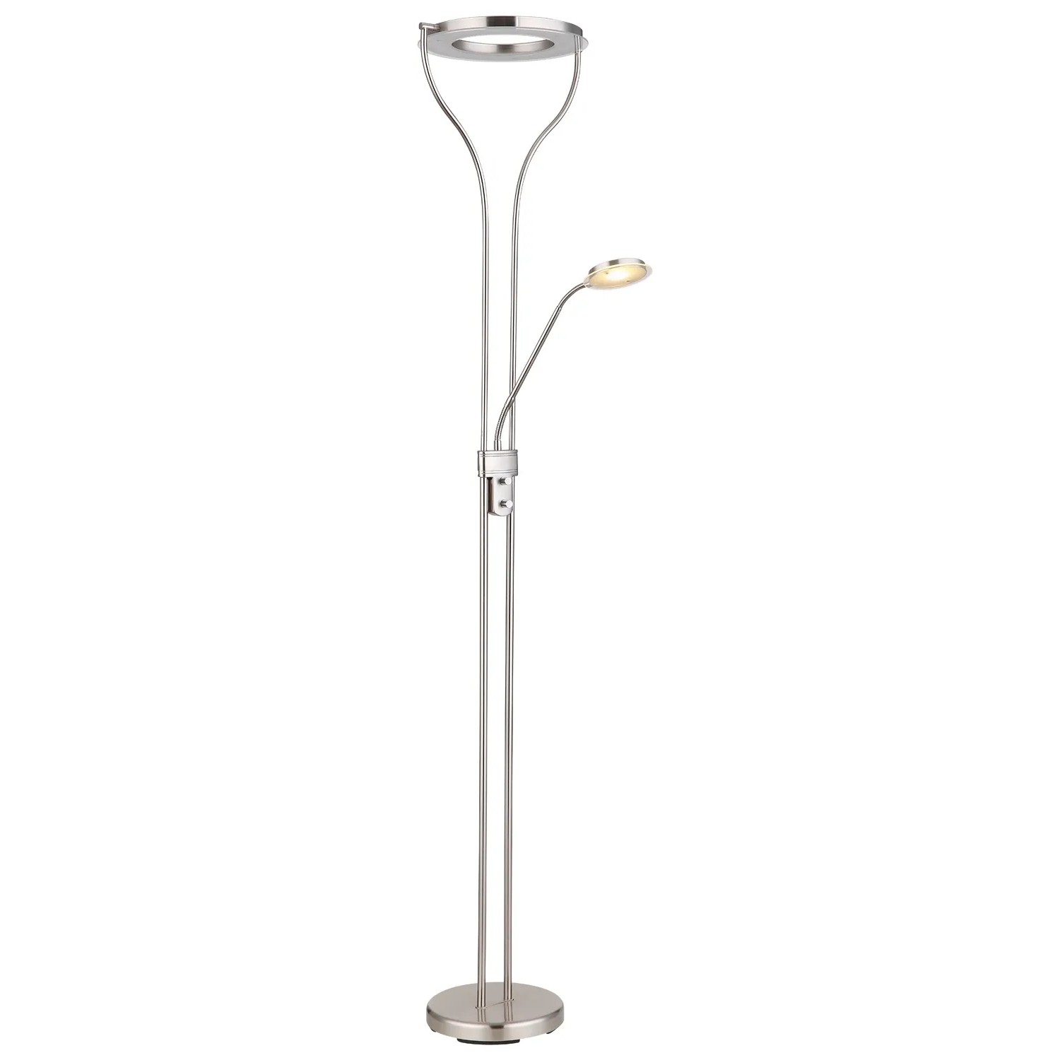 Chromfarbener Globo LED-Deckenfluter Ebro, 194 cm hoch, mit Leselampe und Dimmer für flexible Beleuchtung.