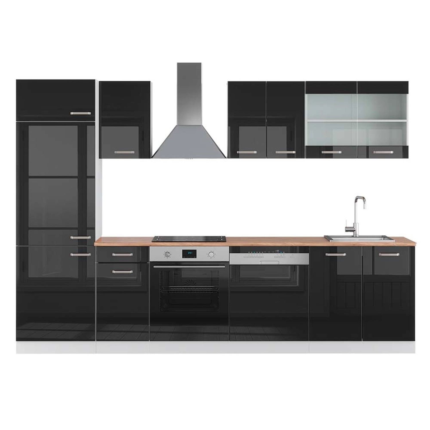 Vicco R-Line Küchenzeile Schwarz Hochglanz/Weiß 300 cm AP Eiche günstig online kaufen