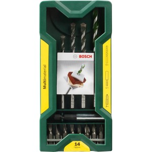 Bosch Universalbohrer-Set Mini-X-Line, 14-teilig, mit Bohrern und Bits im grünen Koffer.