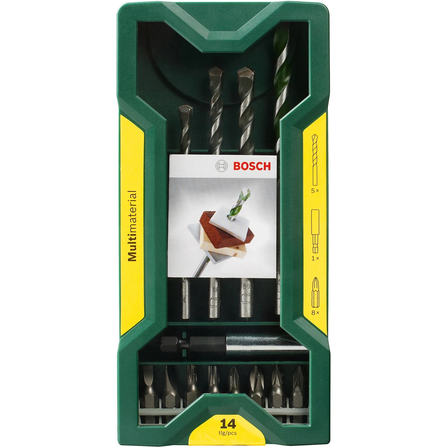 Bosch Universalbohrer-Set Mini-X-Line, 14-teilig, mit Bohrern und Bits im grünen Koffer.