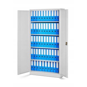 Jan Nowak Aktenschrank JAN H, grauer Metallschrank mit geöffneten Türen und blauen Ordnern.