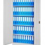 Jan Nowak Aktenschrank JAN H, grauer Metallschrank mit geöffneten Türen und blauen Ordnern.