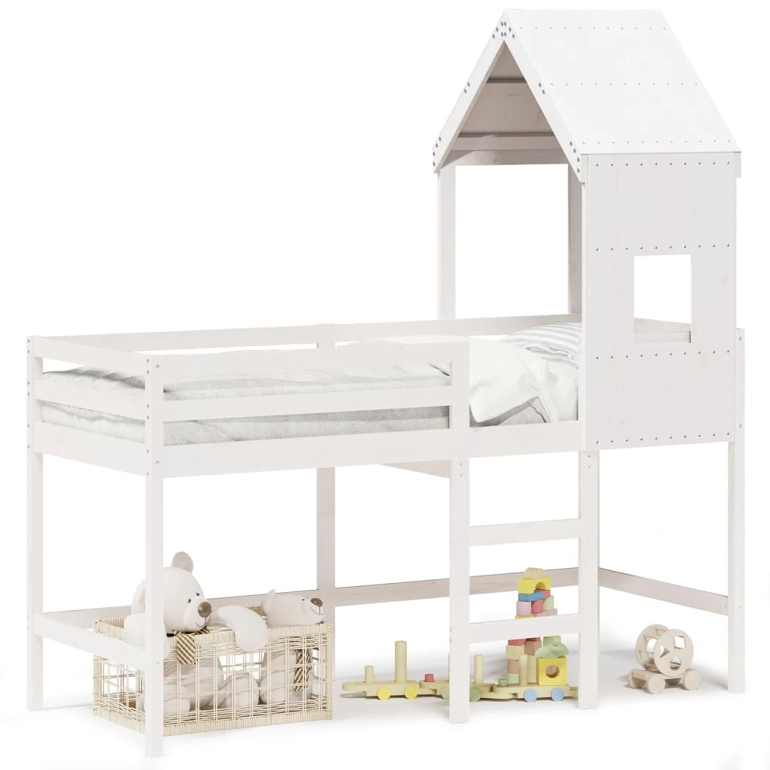 vidaXL Hochbett mit Leiter und Dach Weiß 80x200 cm Massivholz Kiefer 328202 günstig online kaufen