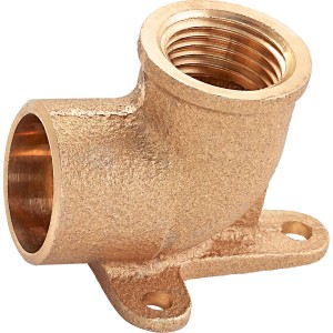 Löt-Wandscheibe aus Rotguss, 22 mm x 18,6 mm (Rp 1/2), mit 90°-Winkel und Befestigungsscheibe.