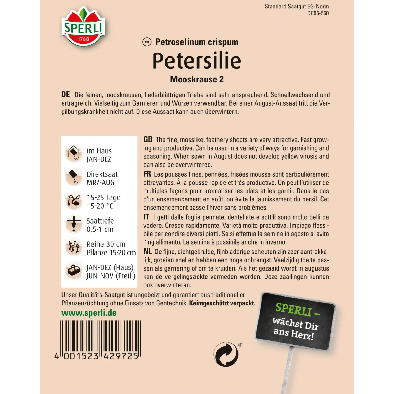 Samenpackung Sperli Petersilie Mooskrause 2: Krauses Petersiliengrün für Garten und Küche.