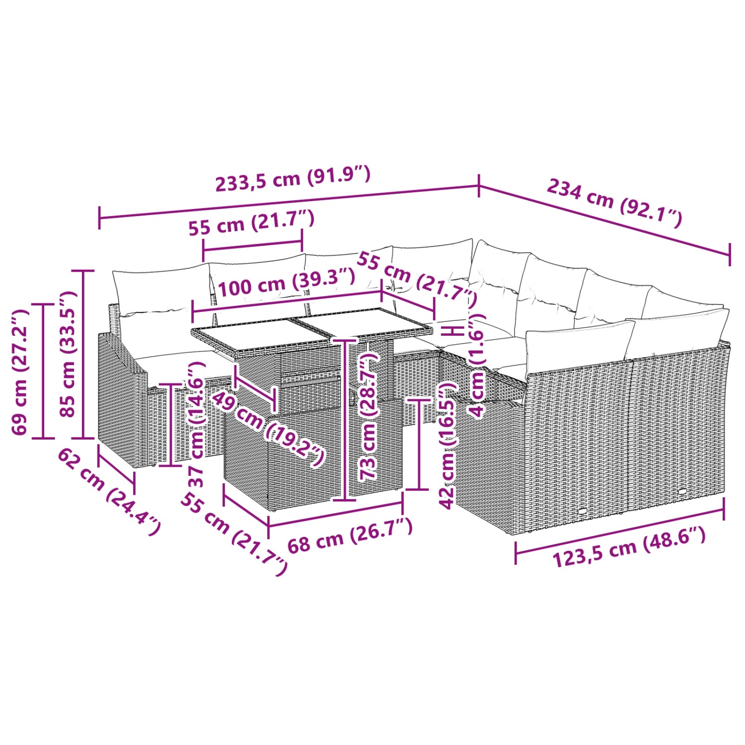 vidaXL 9-tlg. Garten-Sofagarnitur, beige Poly Rattan, mit Maßangaben für Ecksofa, Mittelteile, Sessel und Tisch.