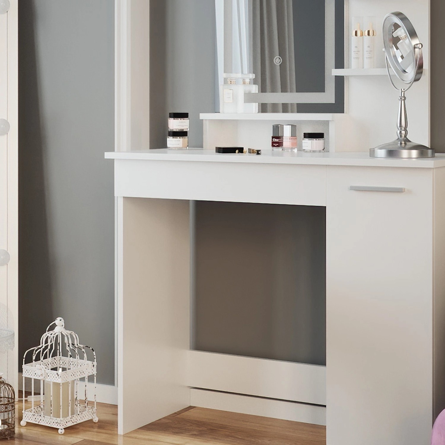 Weißer Vicco Schminktisch Julia 90 cm mit LED-Spiegel und Ablageflächen.