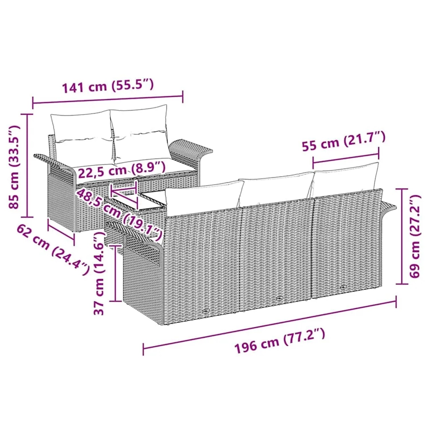 vidaXL 6-teiliges Gartenmöbel Set aus Rattan in Beige mit Maßangaben.