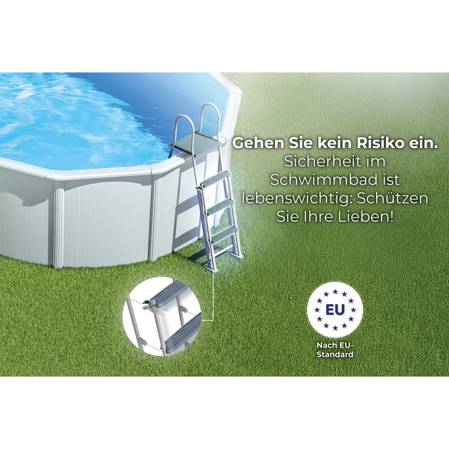 Gre Pool Bora Bora Oval, Ø 300 cm, mit Sicherheitsleiter im Garten.