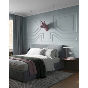 Schlafzimmer mit PROFHOME Wandleiste Friesleiste in Weiß als Zierleiste.