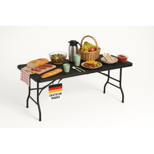 Schwarzer Albatros Klapptisch/Buffettisch, gedeckt mit Speisen und Getränken.