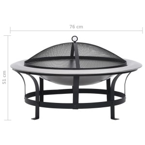 vidaXL Garten-Feuerschale mit Grill, 76 cm, Edelstahl. Feuerstelle mit Funkenschutz und Grillrost.