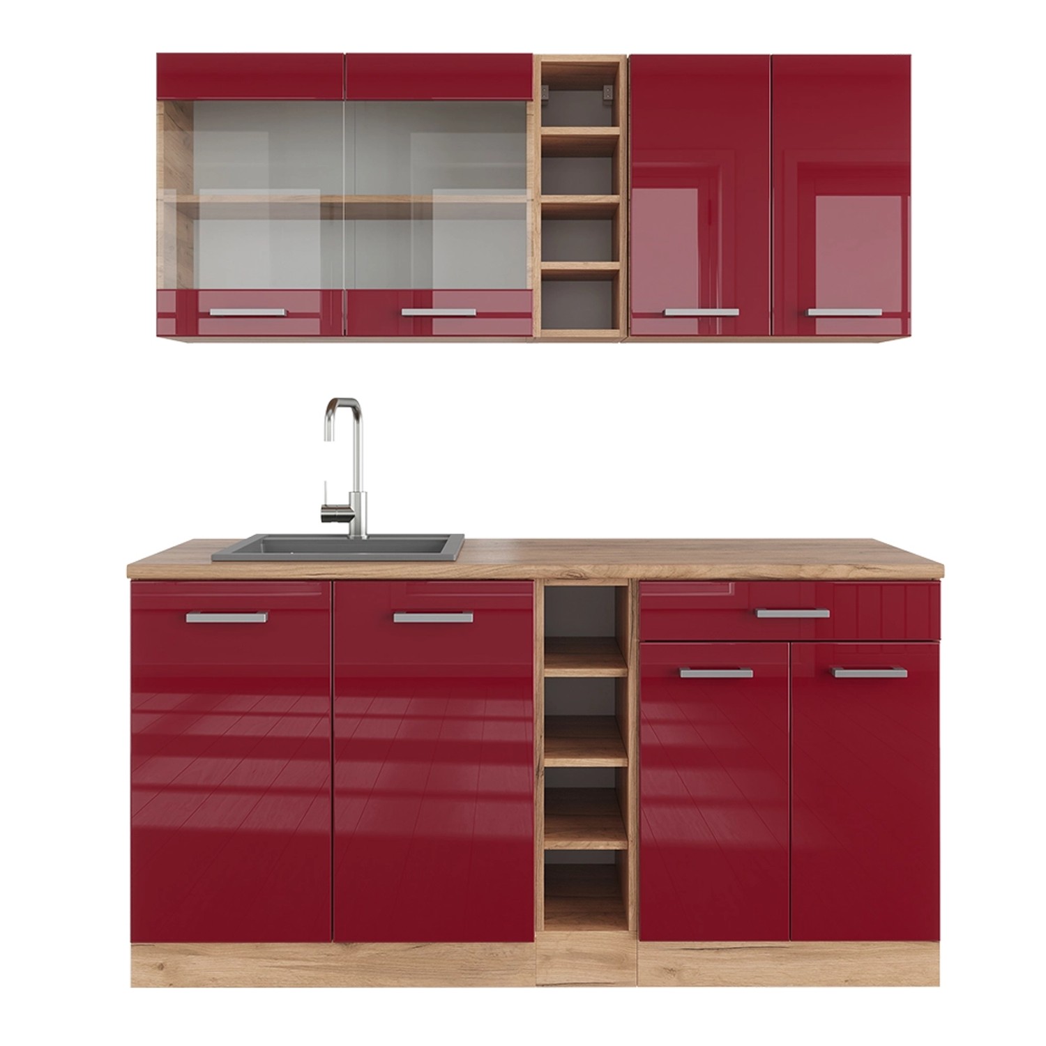 Vicco R-Line Singleküche Bordeaux Hochglanz/Goldkraft Eiche 160 cm AP Eiche günstig online kaufen