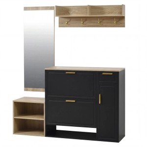 Modernes Garderoben Set für den Flur: schwarzer Schuhschrank, Sitzbank, Spiegel und Wandgarderobe in Holzoptik.