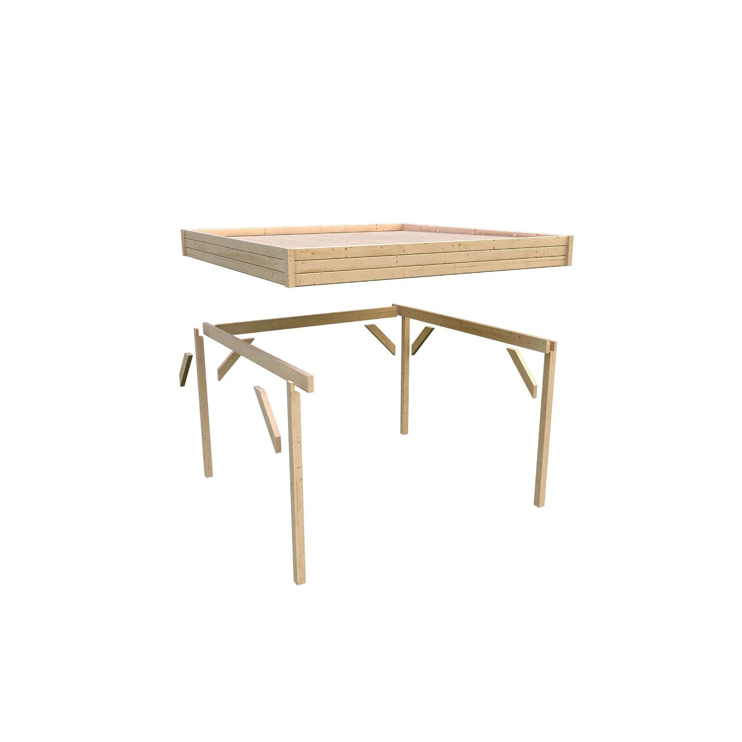 Karibu Pavillon Kvadrat, 231x231 cm, Natur, Bausatz mit Holzpfosten und Dach.