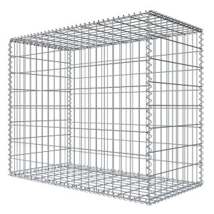 Leere, silberne Niederberg Metall Gabione, 80x100x50 cm, Maschenweite 5x10 cm, für Zaunbau & Sichtschutz.