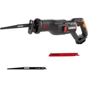 Worx Akku-Säbelsäge WX516.9 20 V mit Sägeblättern für Holz und Metall.