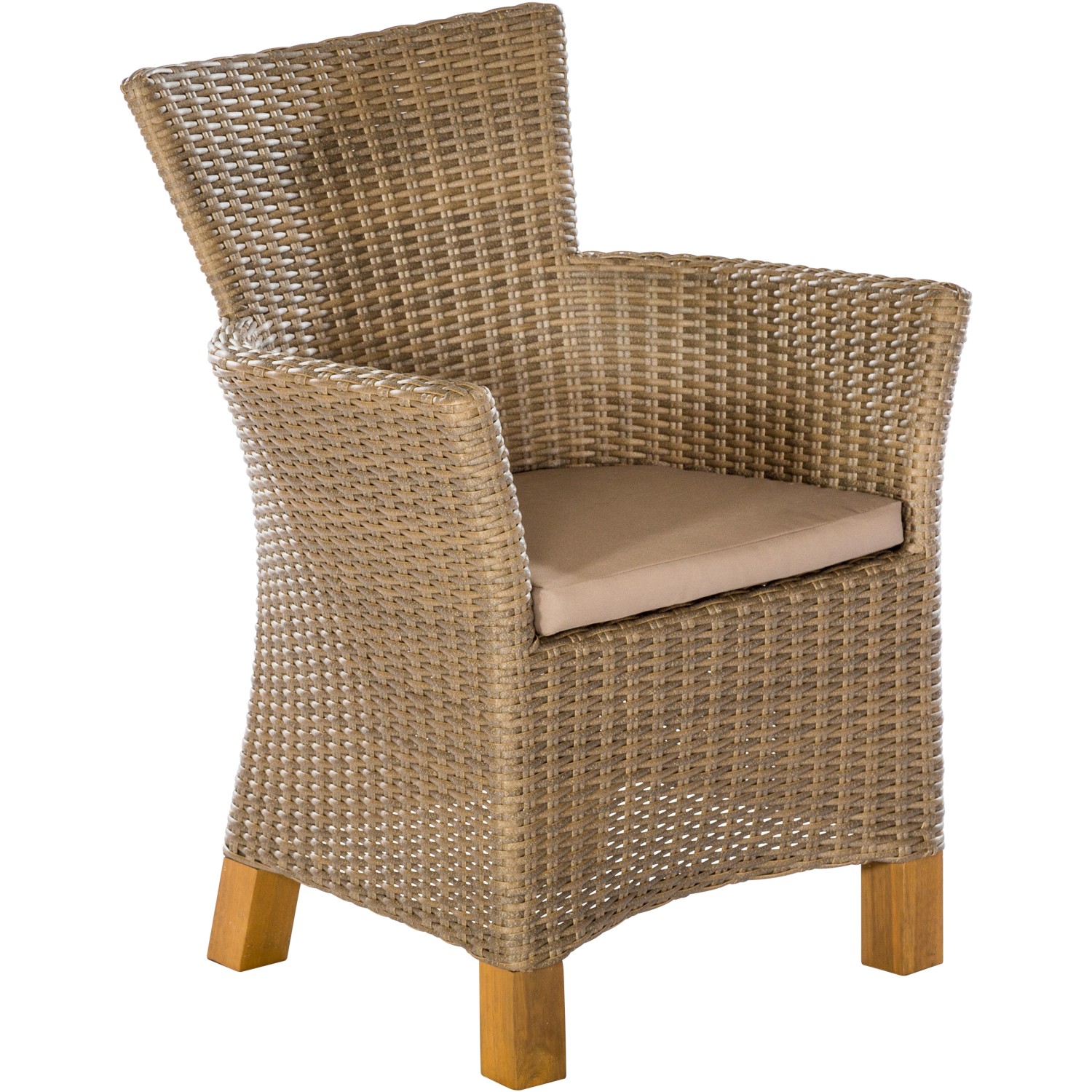 Gartensessel Toskana Natur, 2er Set, aus Polyrattan mit Akazienholz-Beinen und Sitzkissen.