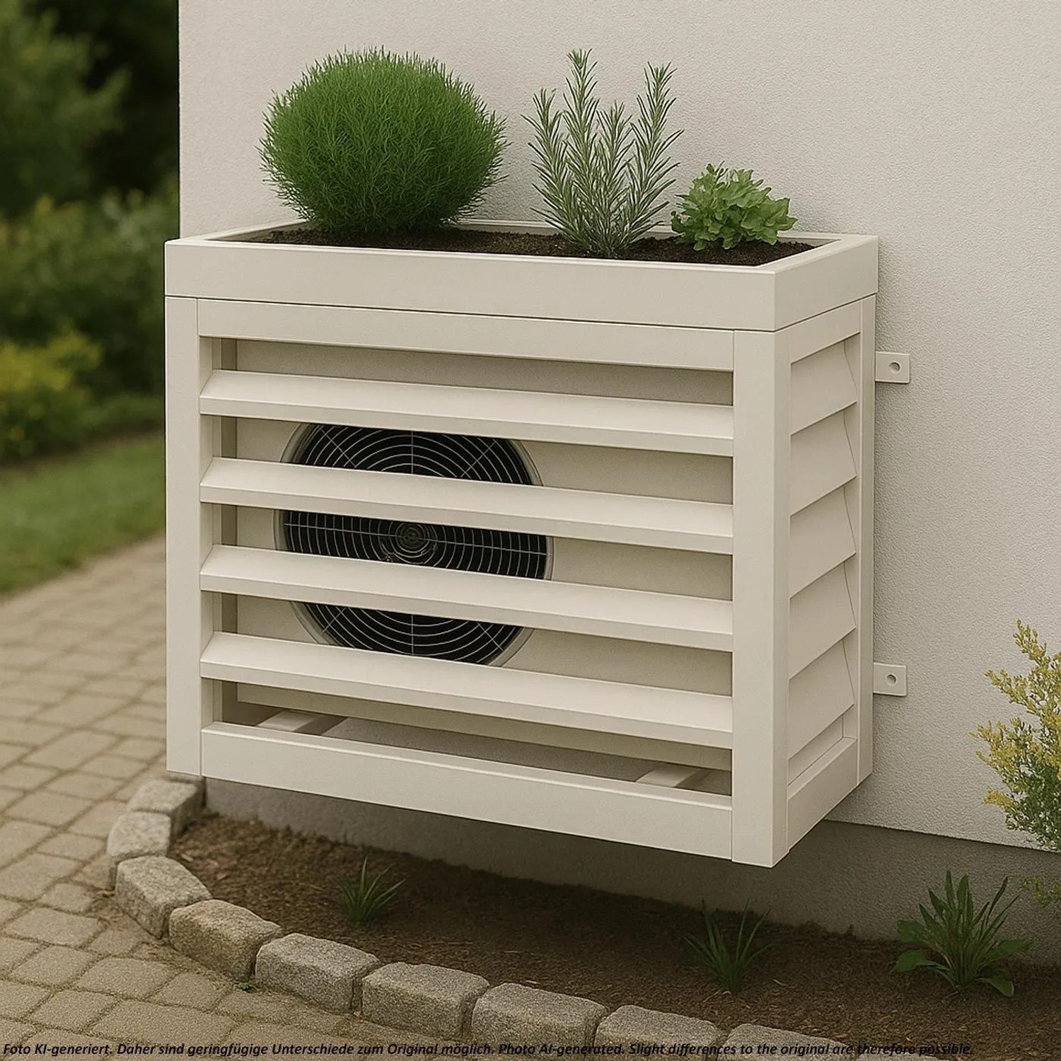 Grau-weiße Metall Verkleidung O43 für Klimaanlage/Wärmepumpe mit Pflanzkasten, 80x90x38cm, im Garten.