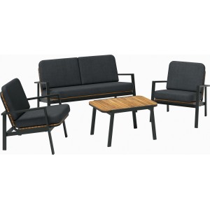 4-teiliges Lounge-Set Olary aus Akazienholz und schwarzem Aluminium mit grauen Kissen.