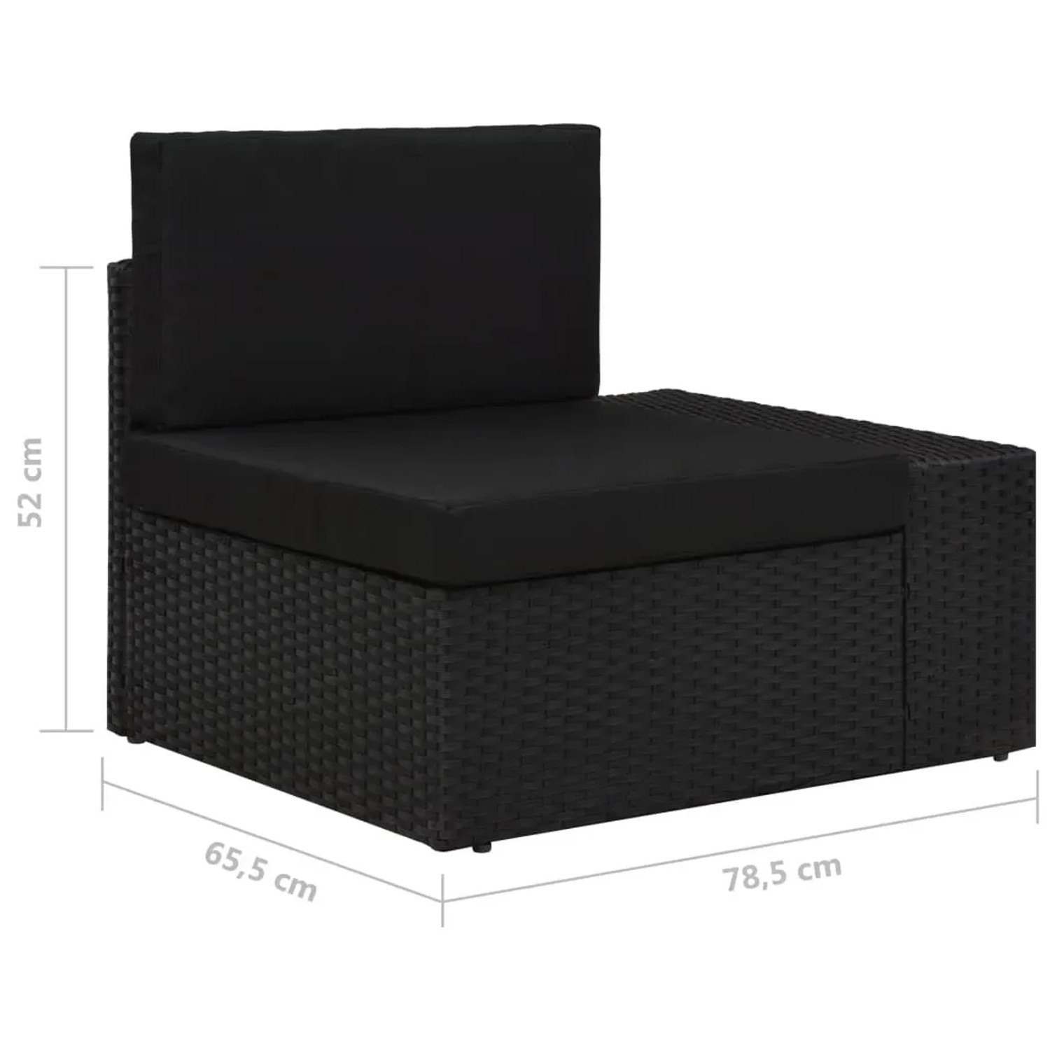 Schwarzes vidaXL Gartenmöbel Lounge-Set aus Polyrattan, Einzelteil mit Maßen.
