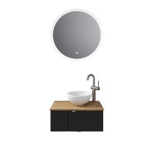 Pelipal Badmöbel-Set mit rundem Spiegel, Aufsatzbecken und Unterschrank in Schwarz Matt und Halifax Eiche.