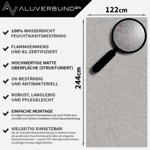 Aluverbund24 PVC Wandpaneel Classic-Grey Natursteinoptik, matt, strukturiert, 122x244cm.