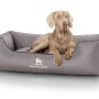 Graues Knuffelwuff Hundebett Madison aus Kunstleder mit Hund, orthopädisches Hundekörbchen, Größe XL.