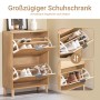 Schmaler Schuhschrank in Holzoptik mit zwei Klappen und Schuhen. Kommode für Flur oder Diele.