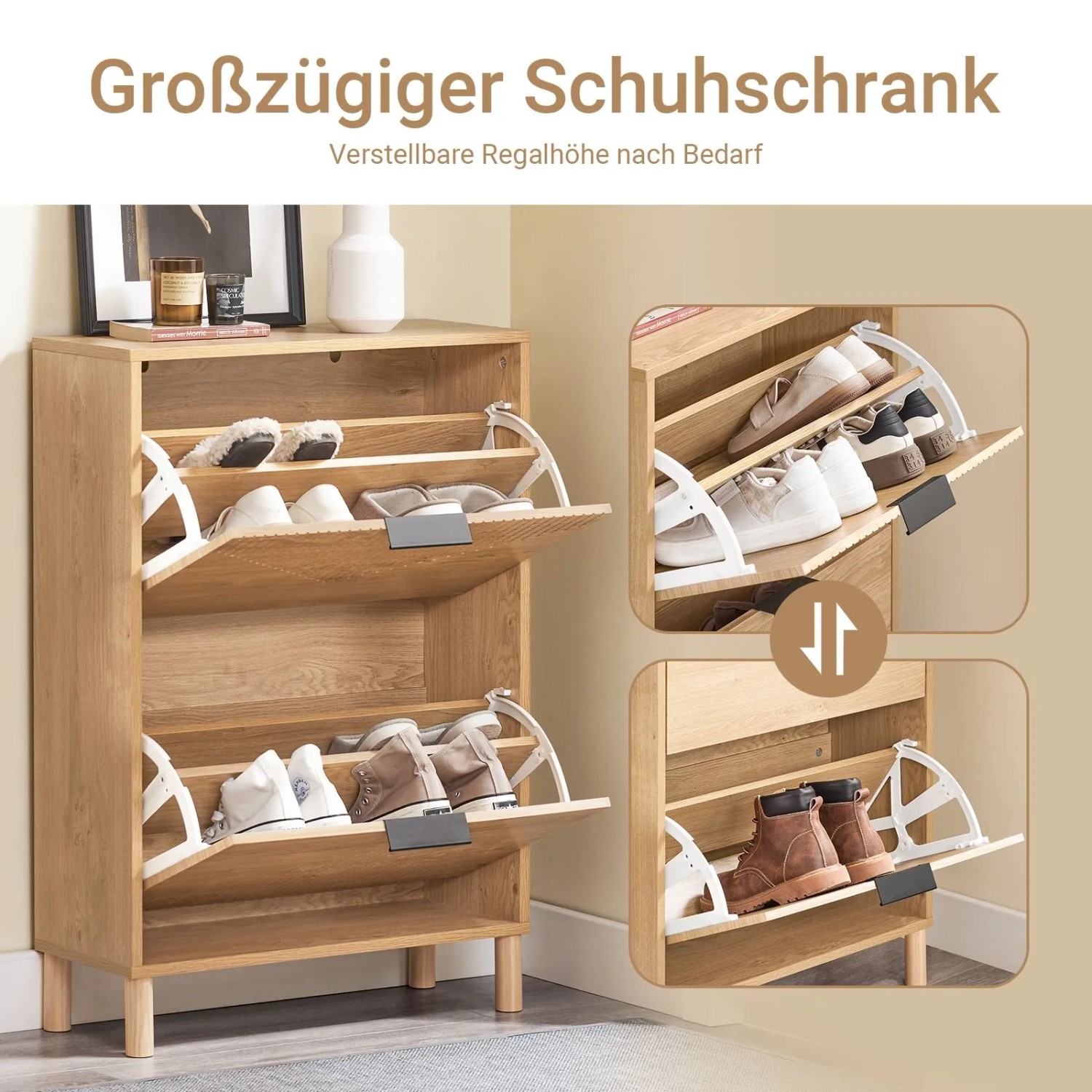 Schmaler Schuhschrank in Holzoptik mit zwei Klappen und Schuhen. Kommode für Flur oder Diele.