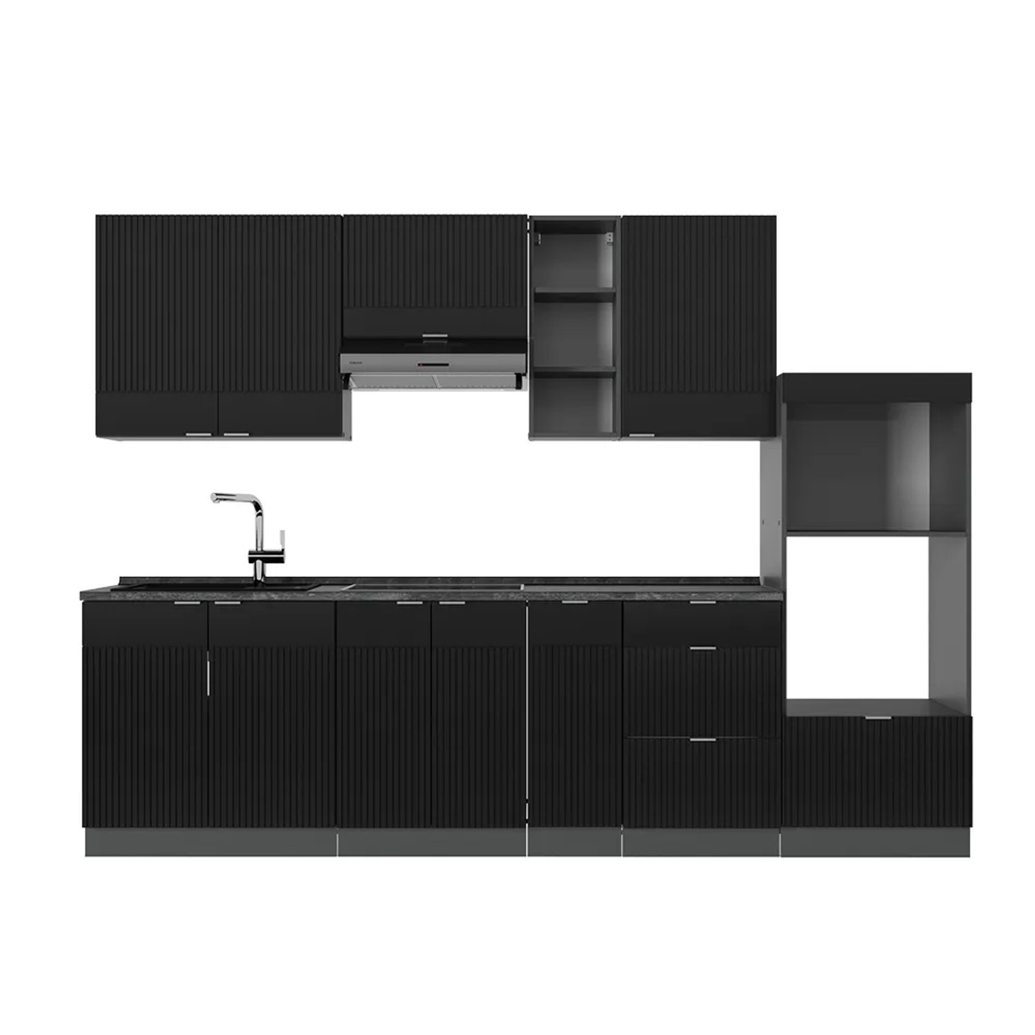 Vicco Fame-Line Küchenzeile Schwarz gestreift/Anthrazit 280 cm AP Anthrazit ohne E-Geräte