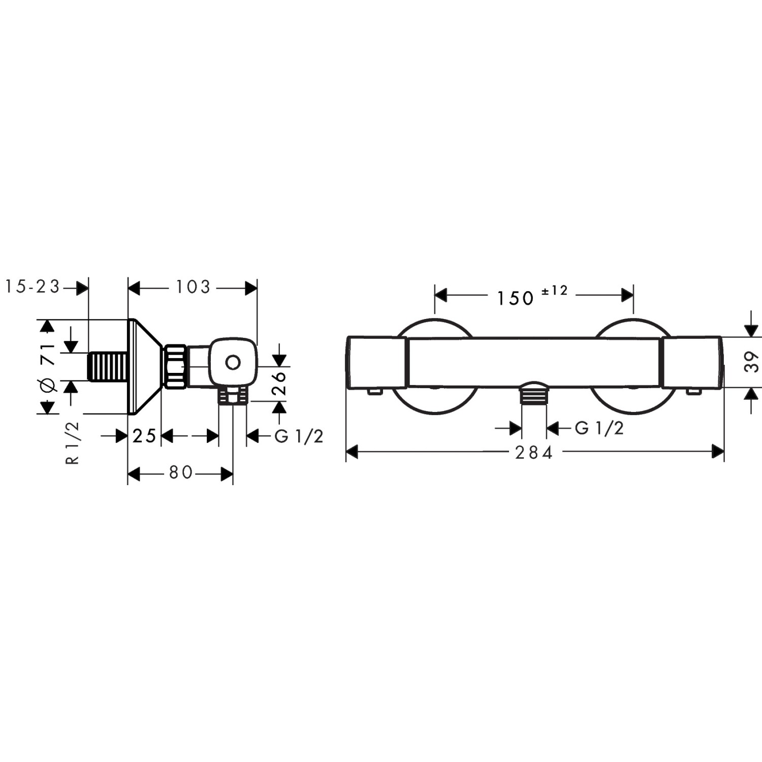 Technische Zeichnung Hansgrohe Ecostat Universal Brausethermostat in Chrom mit Maßen.