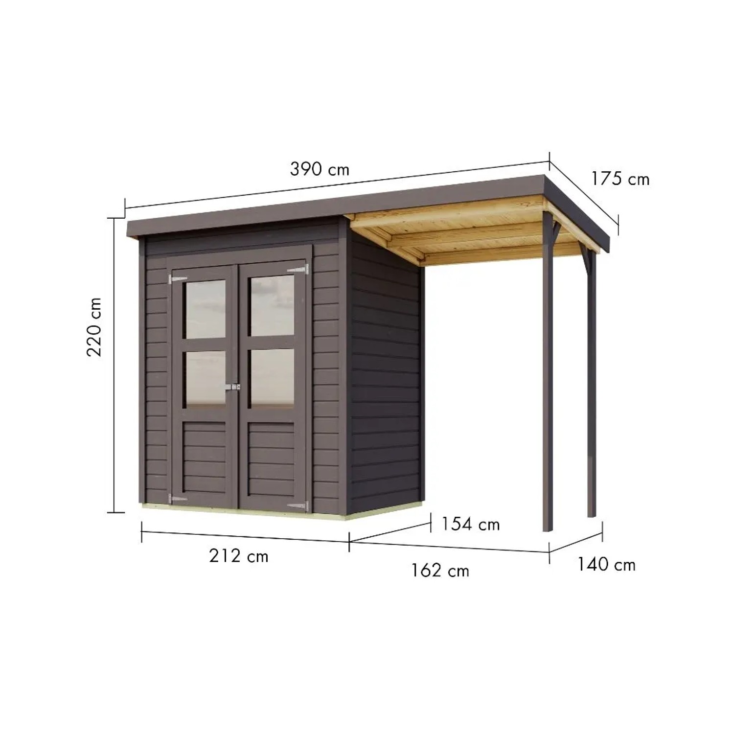 Karibu Gartenhaus Merseburg 14 mm Wandstärke inkl. Anbaudach Dunkelgrau