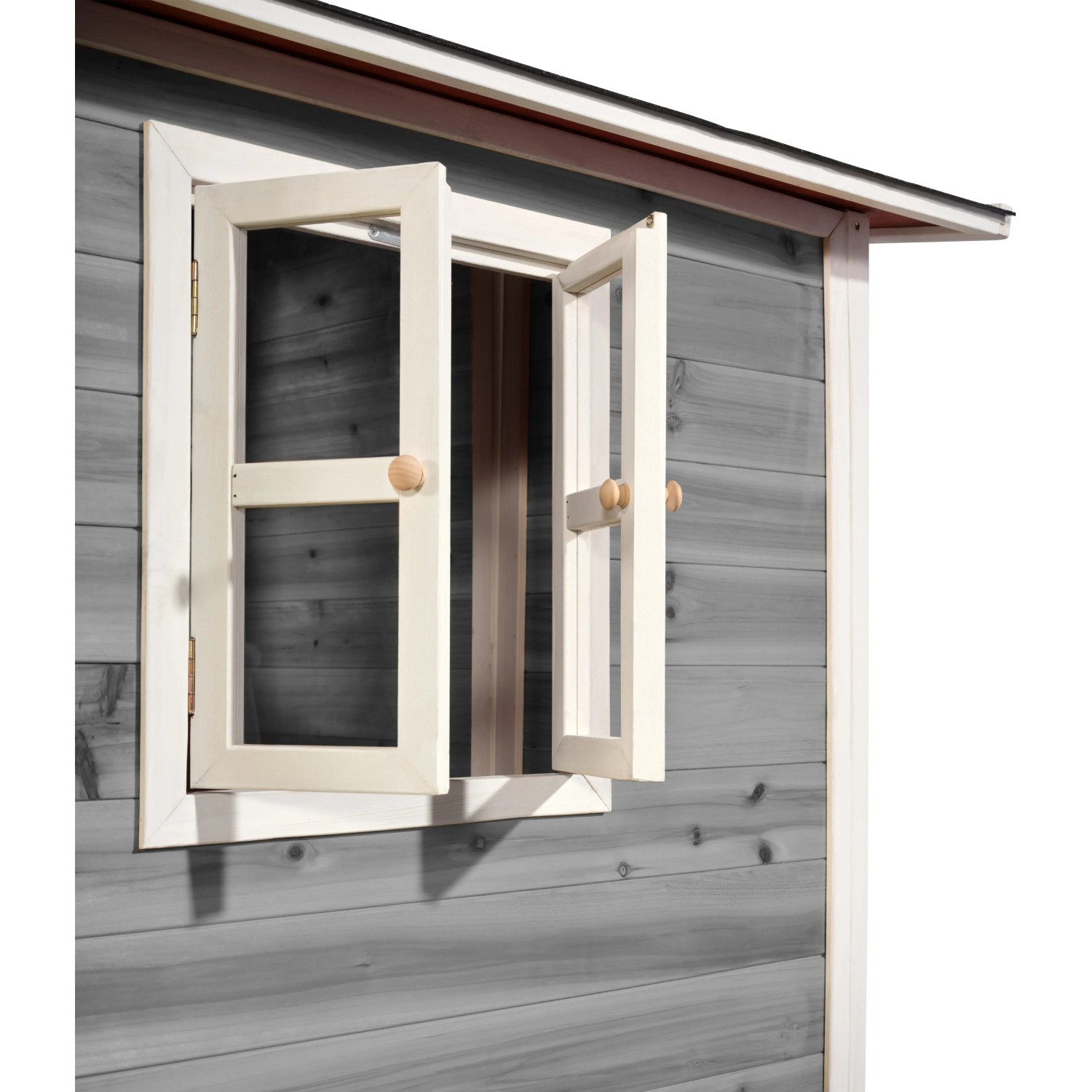 Detailansicht: Fenster des grauen EXIT Loft 500 Holzspielhauses.