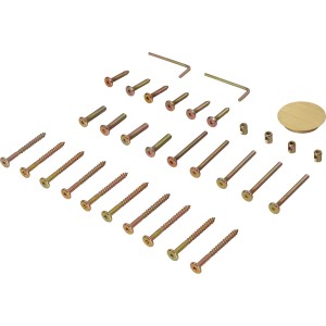 Montageset für Chelsea Gartentisch, 31-teilig: Schrauben, Inbusschlüssel und Abdeckung.