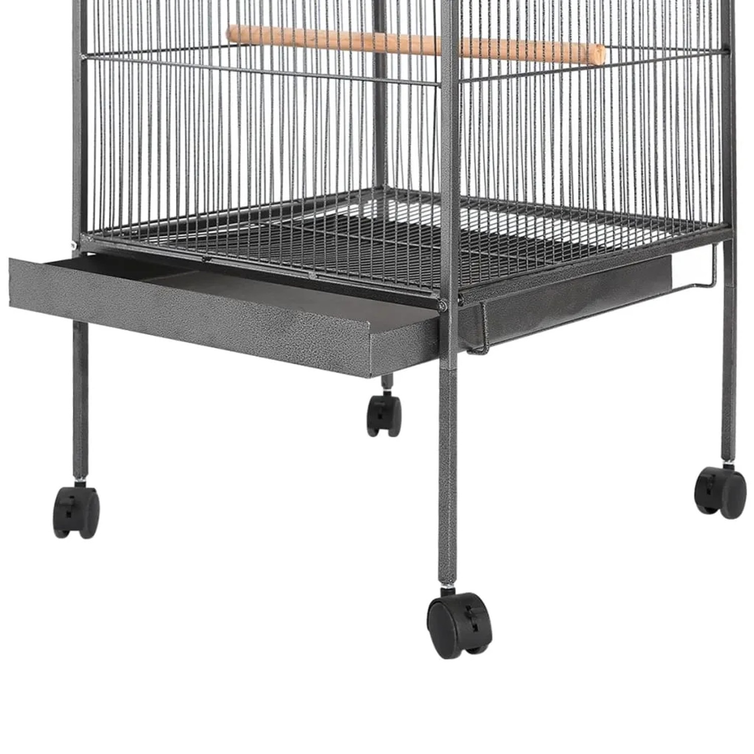 Schwarzer vidaXL Vogelkäfig mit Dach, Stahl, 66x66x155 cm, mit Rollen und ausziehbarer Schublade.